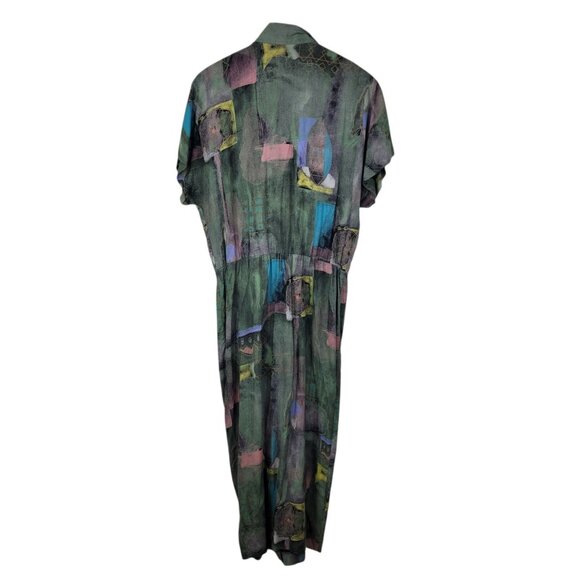 Vintage 90s Shirt Dress Size 14 16 XL Art to Wear Midi Long Green Button Front - Picture 7 of 9